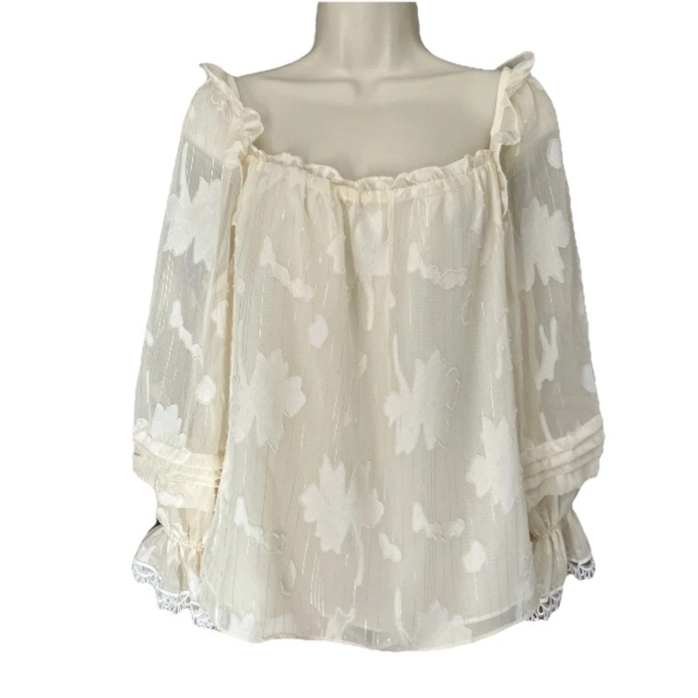 Strut & Bolt Womens Ivory Silver Ruffle Balloon Sleeve Chiffon Top Square Neck M
